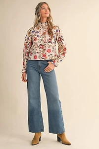 Cream Floral Ruffled Button Down Top