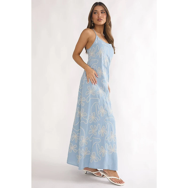 Blue Bow Embroidered Maxi Dress