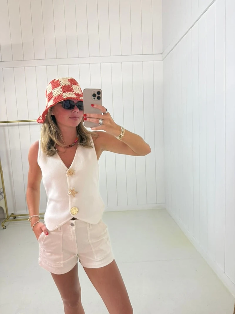 Red Woven Paper Straw Bucket Hat