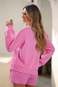 Pink & White Bow Embroidered Pullover Shorts Set