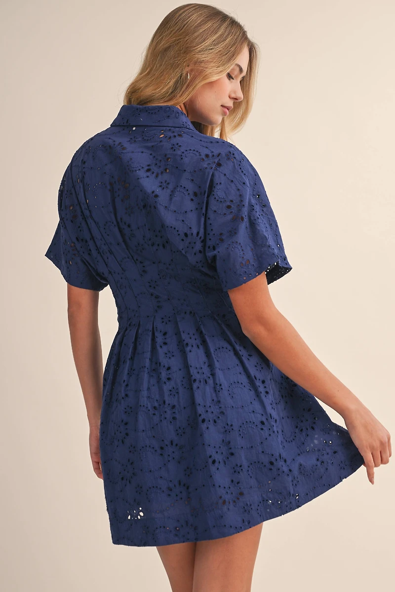 Navy Eyelet Pleated Mini Dress