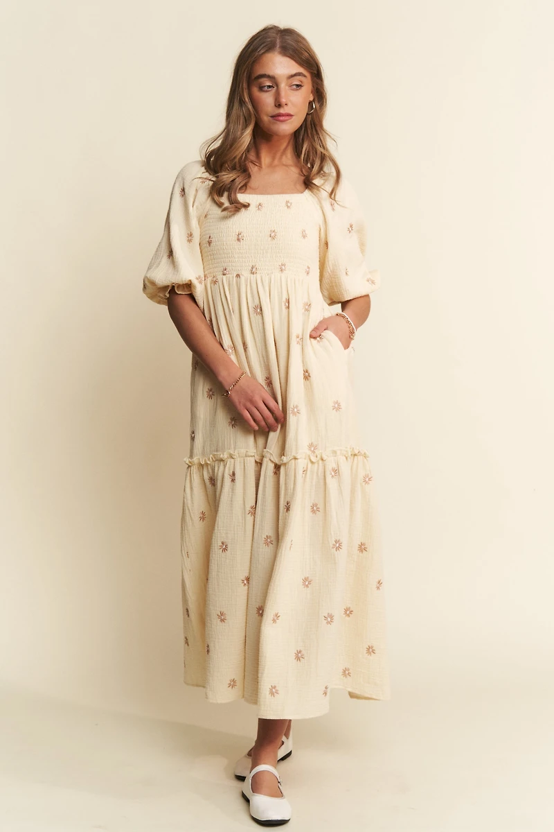 Yellow Floral Embroidered Maxi Dress