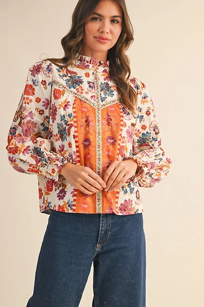 Ivory Floral Border Print Top