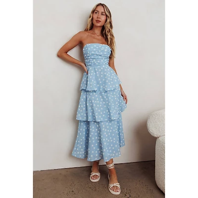 Blue Polka Dot Tiered Maxi Dress