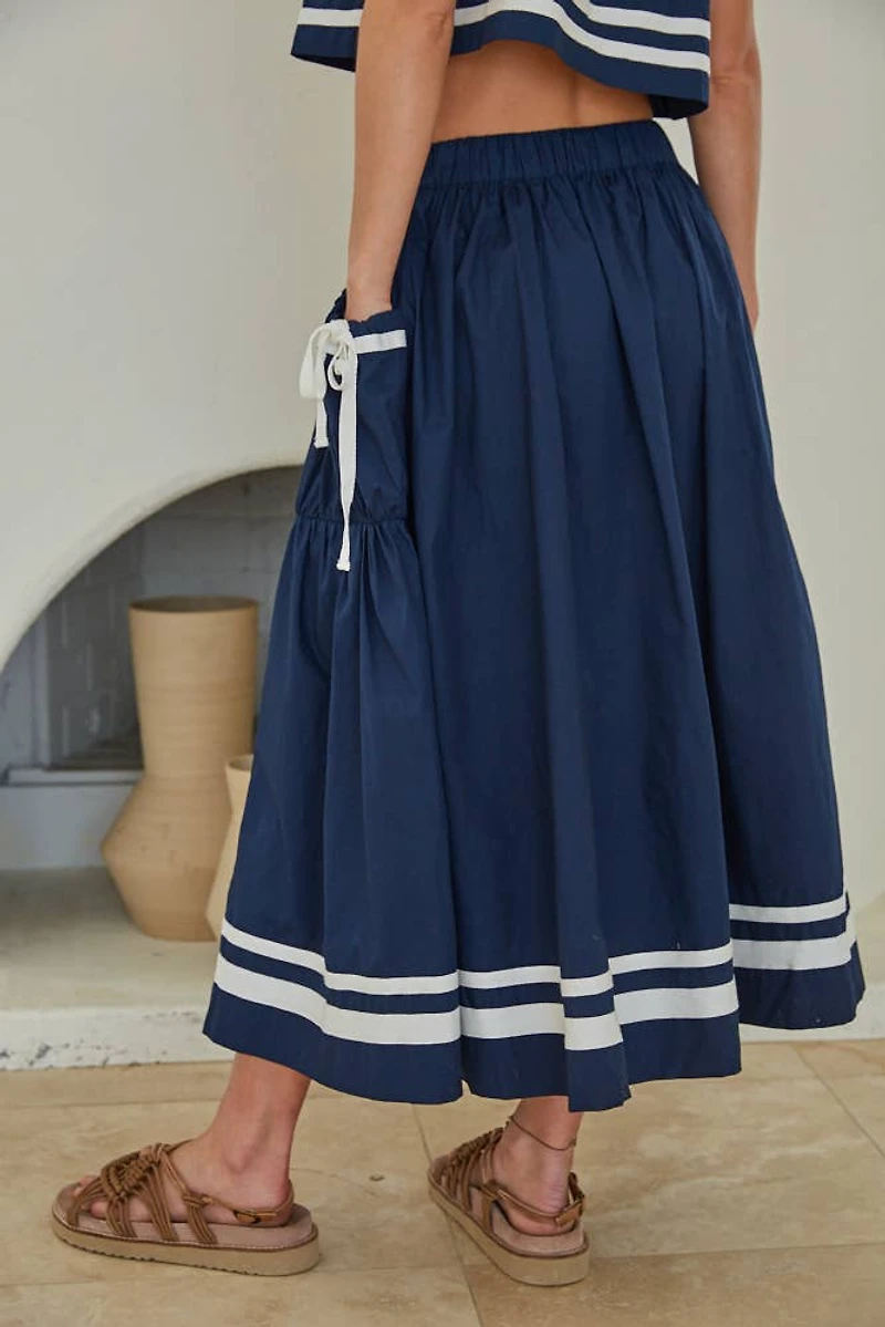 Navy Front Tie Button Down Flare Midi Skirt