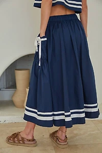 Navy Front Tie Button Down Flare Midi Skirt