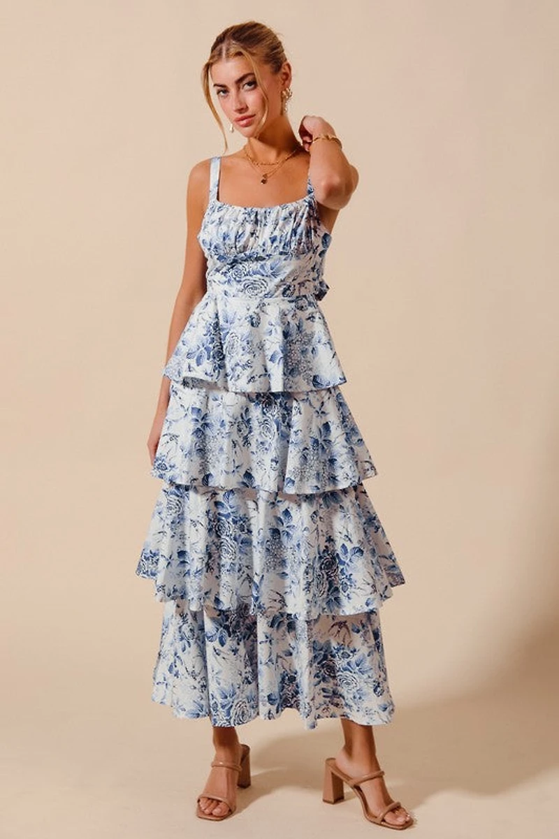 Blue Floral Print Tiered Maxi Dress