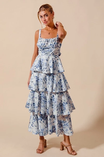 Blue Floral Print Tiered Maxi Dress