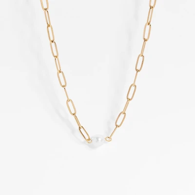 Gold Paperclip Necklace With Pearl