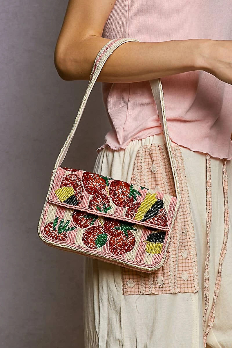 Pink Beaded Fruit Pattern Shoulder Bag