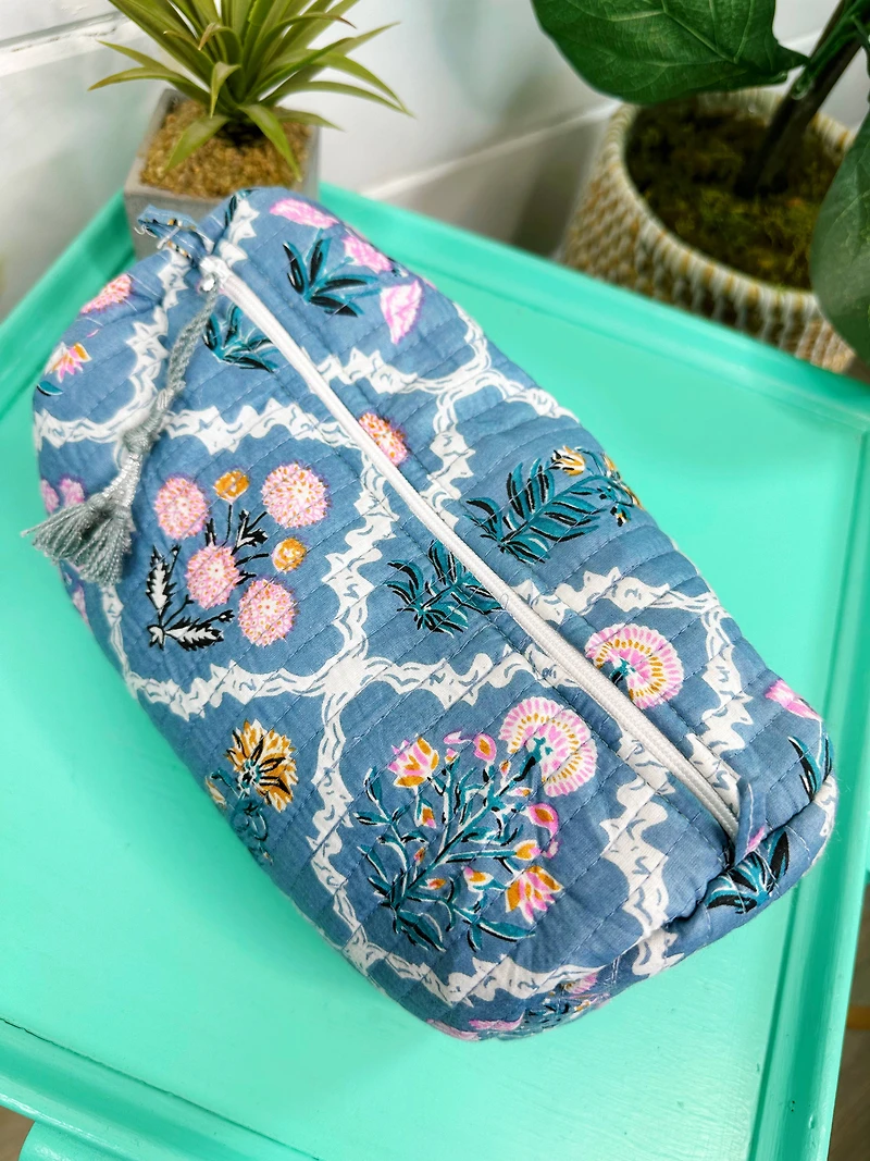 Quilted Makeup Bags | Blue Wildflowers Cosmetics Bag