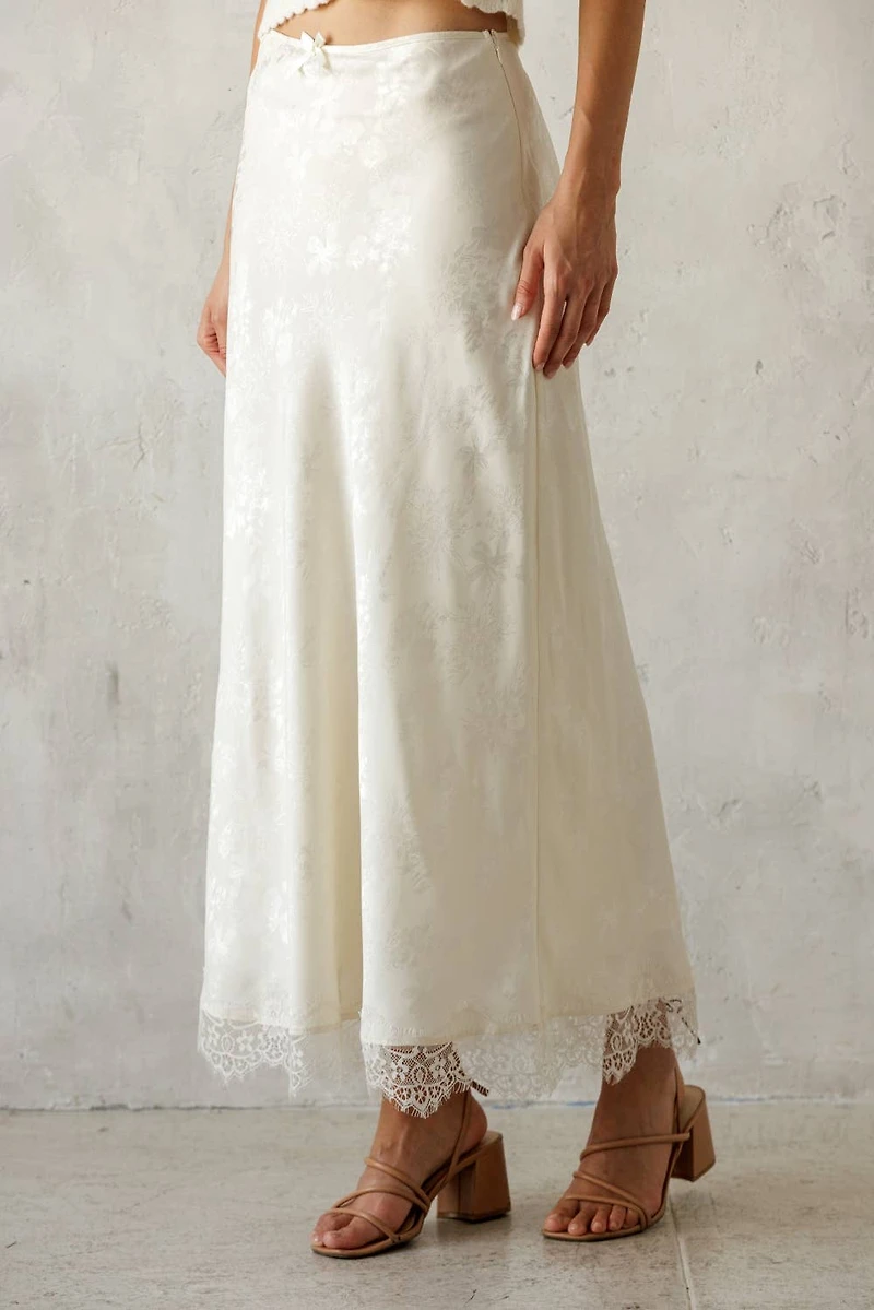 Ivory Satin Lace Trim Midi Skirt