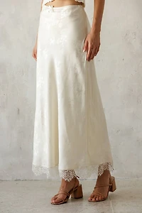 Ivory Satin Lace Trim Midi Skirt