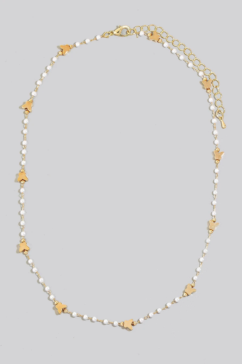 Butterfly And Pearl Beaded Station Chain Necklace