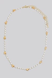 Butterfly And Pearl Beaded Station Chain Necklace