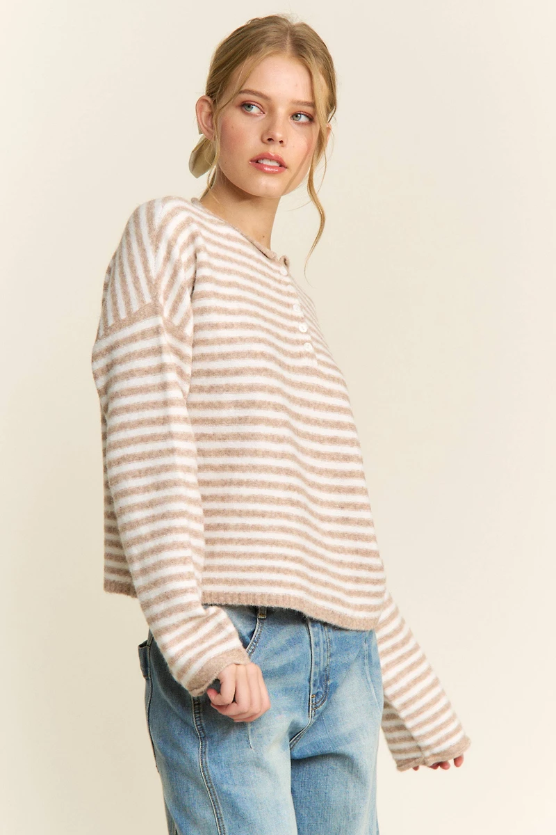 Oatmeal Striped Henley Knit Sweater