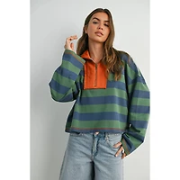 Green Striped Quarter-Zip Contrast Collar Sweatshirt