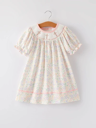 Girls Easter Cross Smocking Embroidery Colorful
