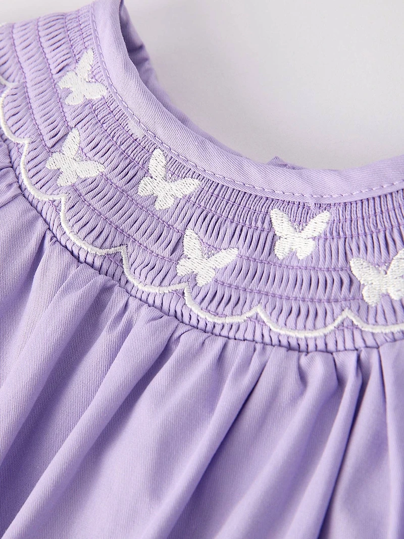 Girls Butterfly Smocking Embroidered Purple Romper