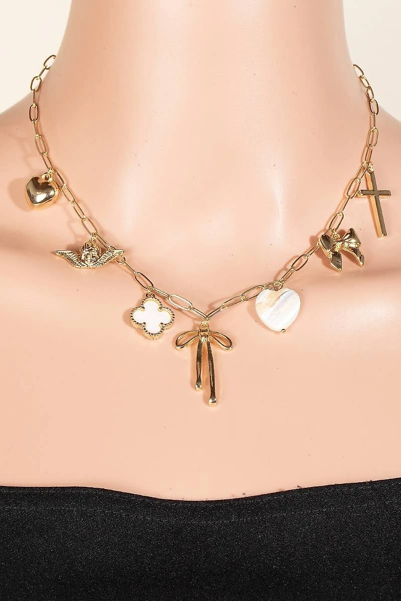 Heart Cross Angel Ribbon And Angel Charms Chain Necklace