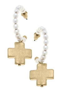 Edith Pearl Hoop Square Cross Drop Earrings in Worn Gold
