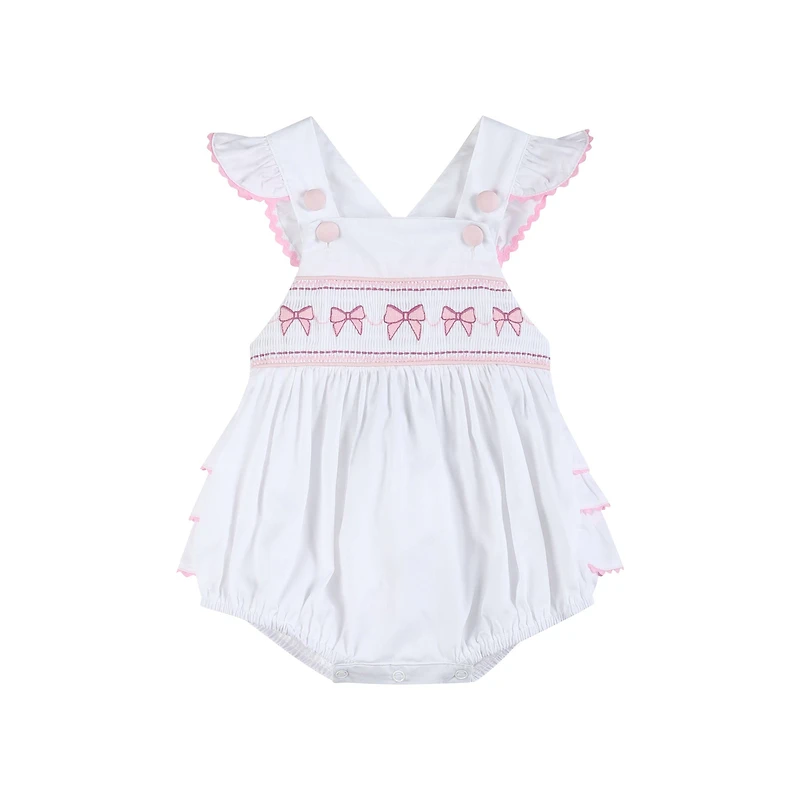 White and Pink Bows Smocked Ruffle Romper