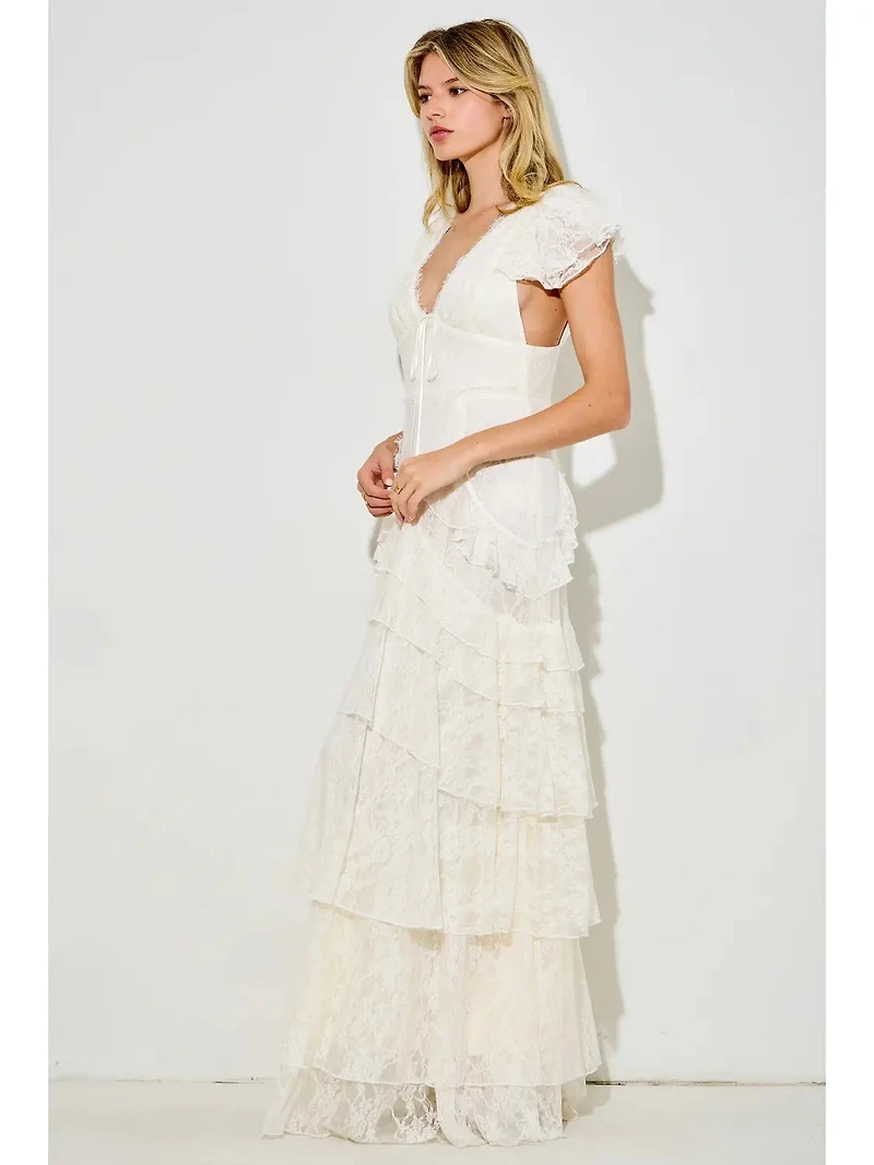 White Lace Ruffle Maxi Dress