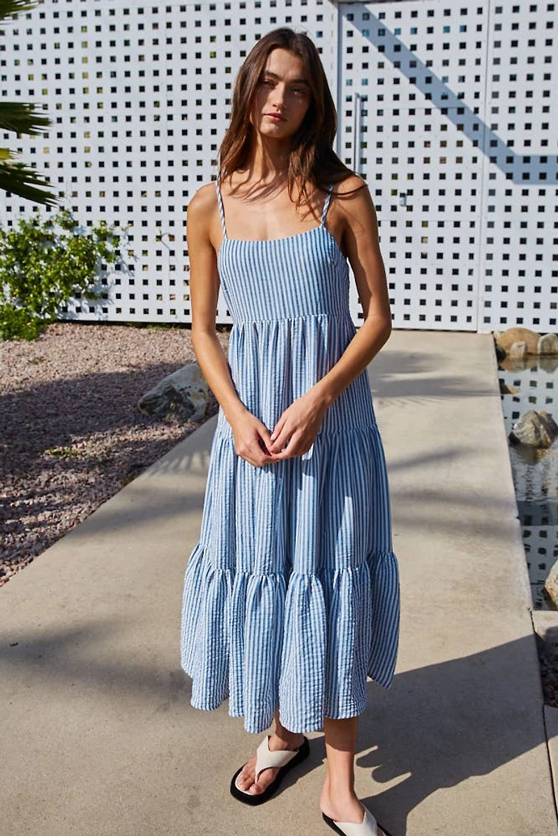 Blue & White Linen Striped Maxi