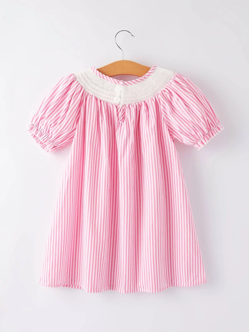 Girls Striped Smocking Embroidered Pink