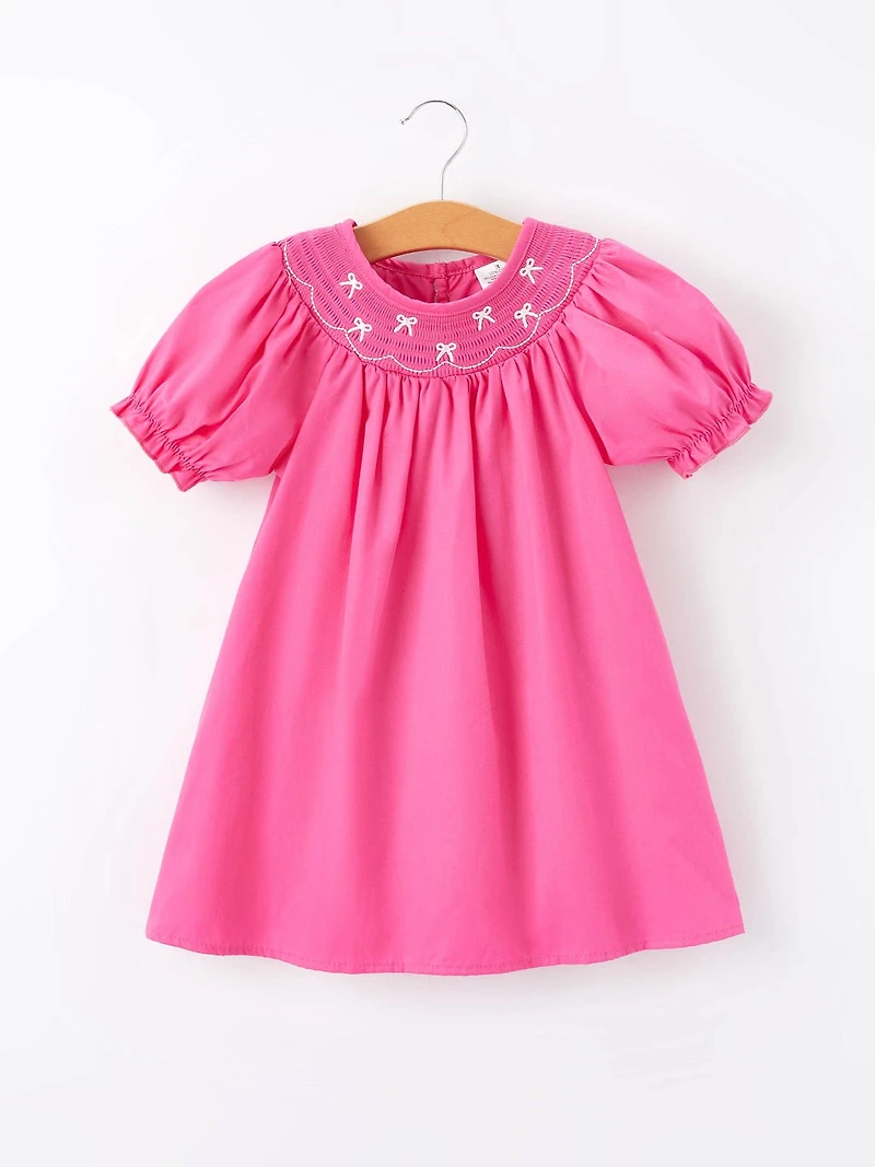 Girls Bow Smocking Embroidery Hot Pink