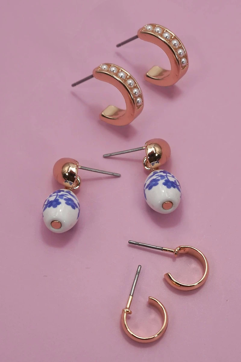 BLUE CERAMIC PORCELAIN TRIO HUGGIE HOOP EARRINGS