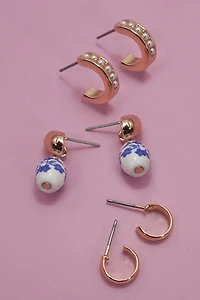 BLUE CERAMIC PORCELAIN TRIO HUGGIE HOOP EARRINGS