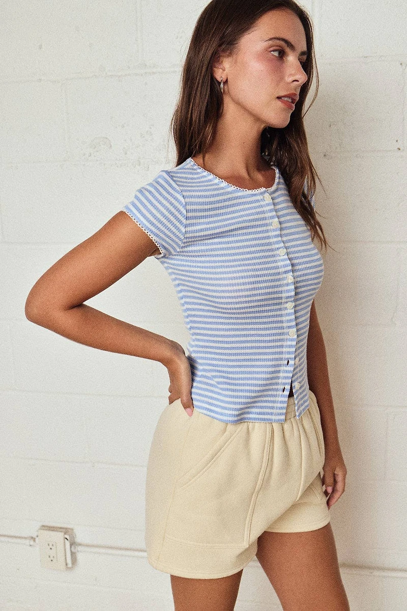 Striped Ribbed Button Front Top