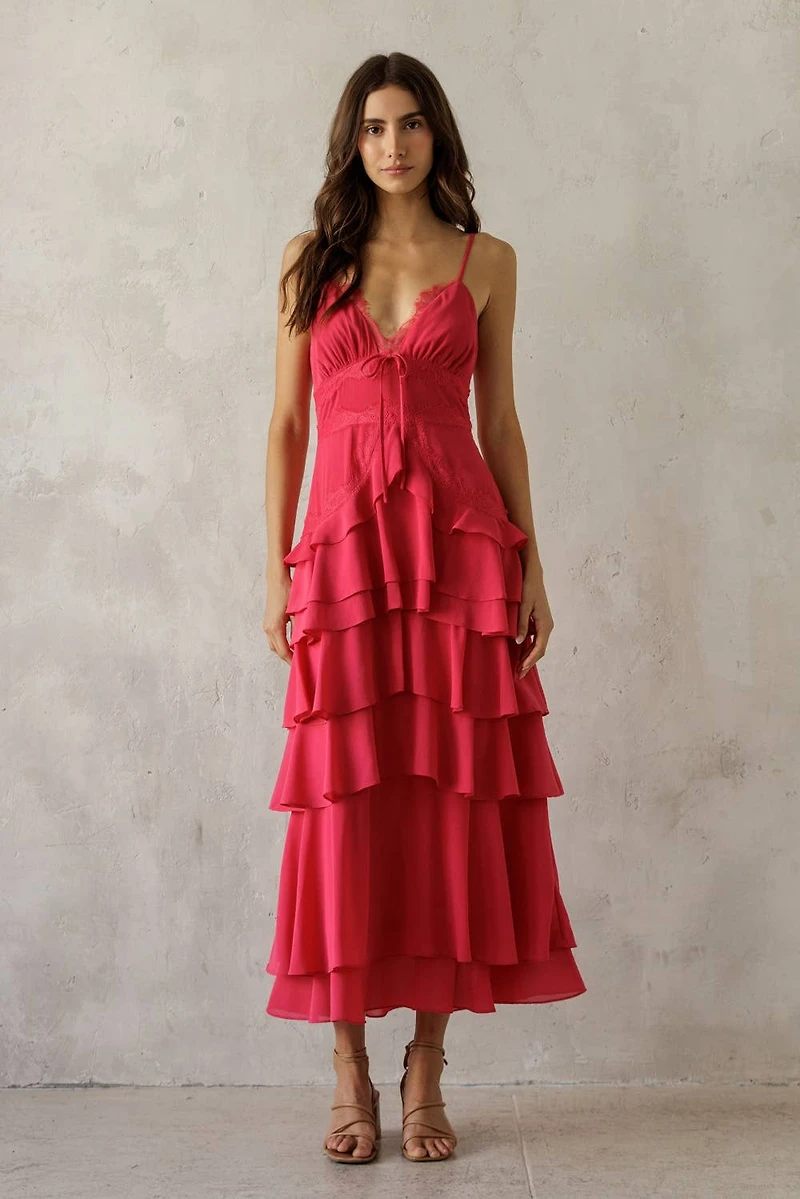 Pink Lace Trim Tiered Midi Dress
