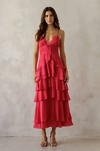 Pink Lace Trim Tiered Midi Dress
