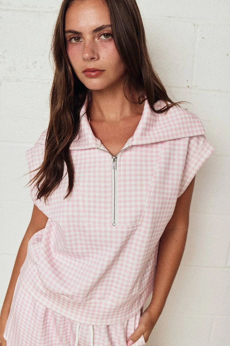Pink Gingham Zip Up Top Short Set