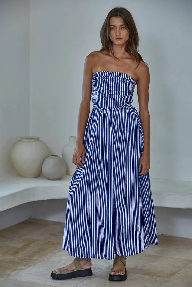 Striped Strapless Flare Maxi Dress