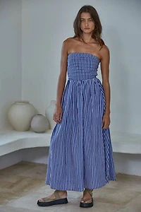 Striped Strapless Flare Maxi Dress