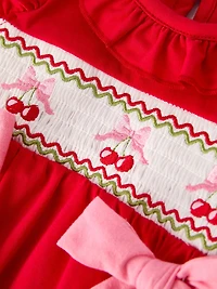 Red Cherry Bow Plaid Smocking Embroidery Girls' Romper