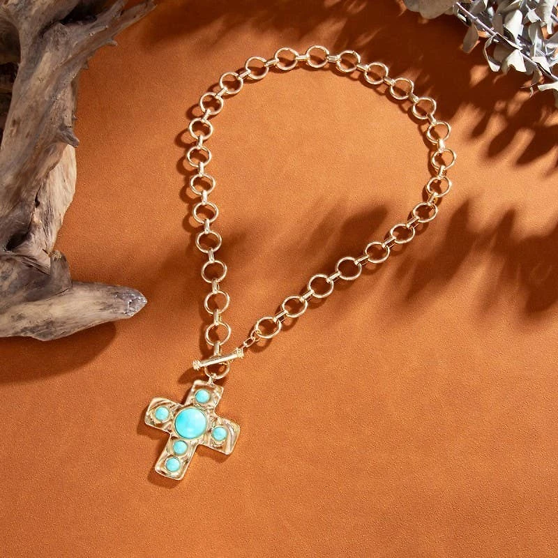 Notable Hammered Turquoise Cross Necklace