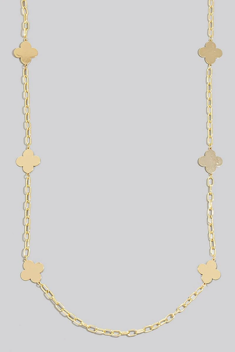 Flat Metallic Clover Station Charms Long Chain Necklace