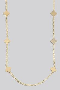 Flat Metallic Clover Station Charms Long Chain Necklace