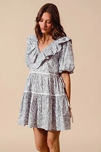 Off White & Navy Printed Ruffle V-Neckline Dress