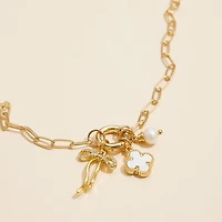 Gold Dipped Bow Charm Necklace with Clover & Pearl