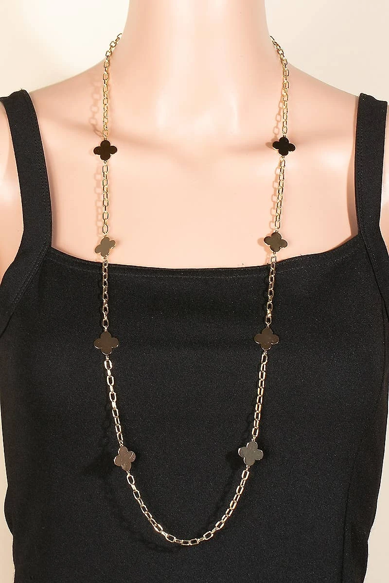 Flat Metallic Clover Station Charms Long Chain Necklace