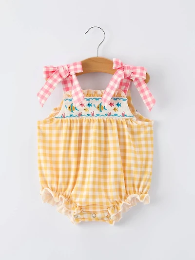 Fish Embroidery Smocking Plaid Romper