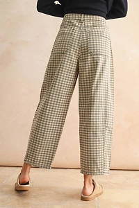 Beige Checker Pattern Barrel Pants