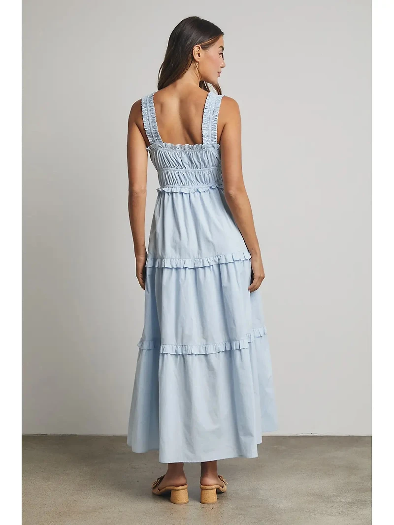 Blue Cotton Ruffle Tiered Midi Dress