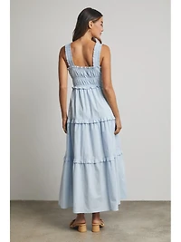 Blue Cotton Ruffle Tiered Midi Dress