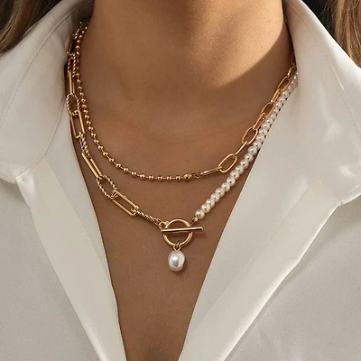 PEARL MIX DOUBLE LAYER TOGGLE NECKLACE | 40NK9460: Gold